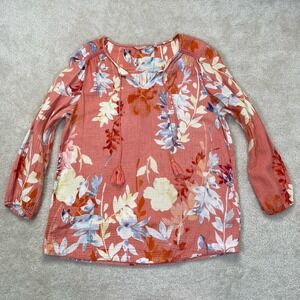 Soft Surrounding Cotton Gauze Tunic Top Womens Large Orange Floral Tie Neck